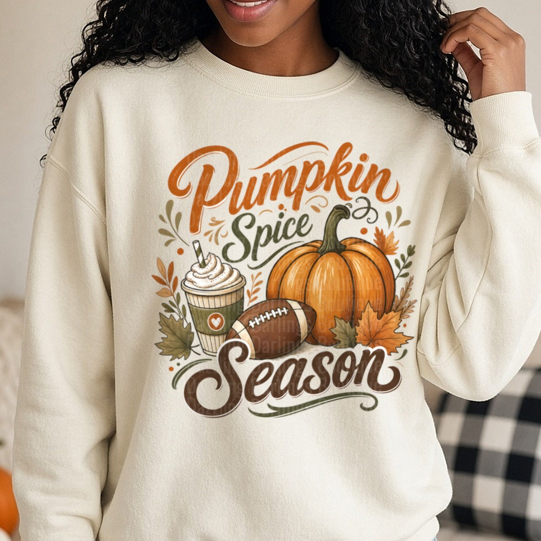 Pumpkin Spice Season DTF transfer shown on a Comfort Colors sweatshirt