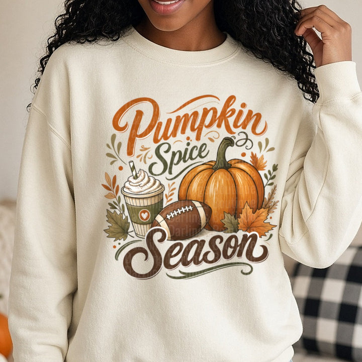 Pumpkin Spice Season DTF transfer shown on a Comfort Colors sweatshirt