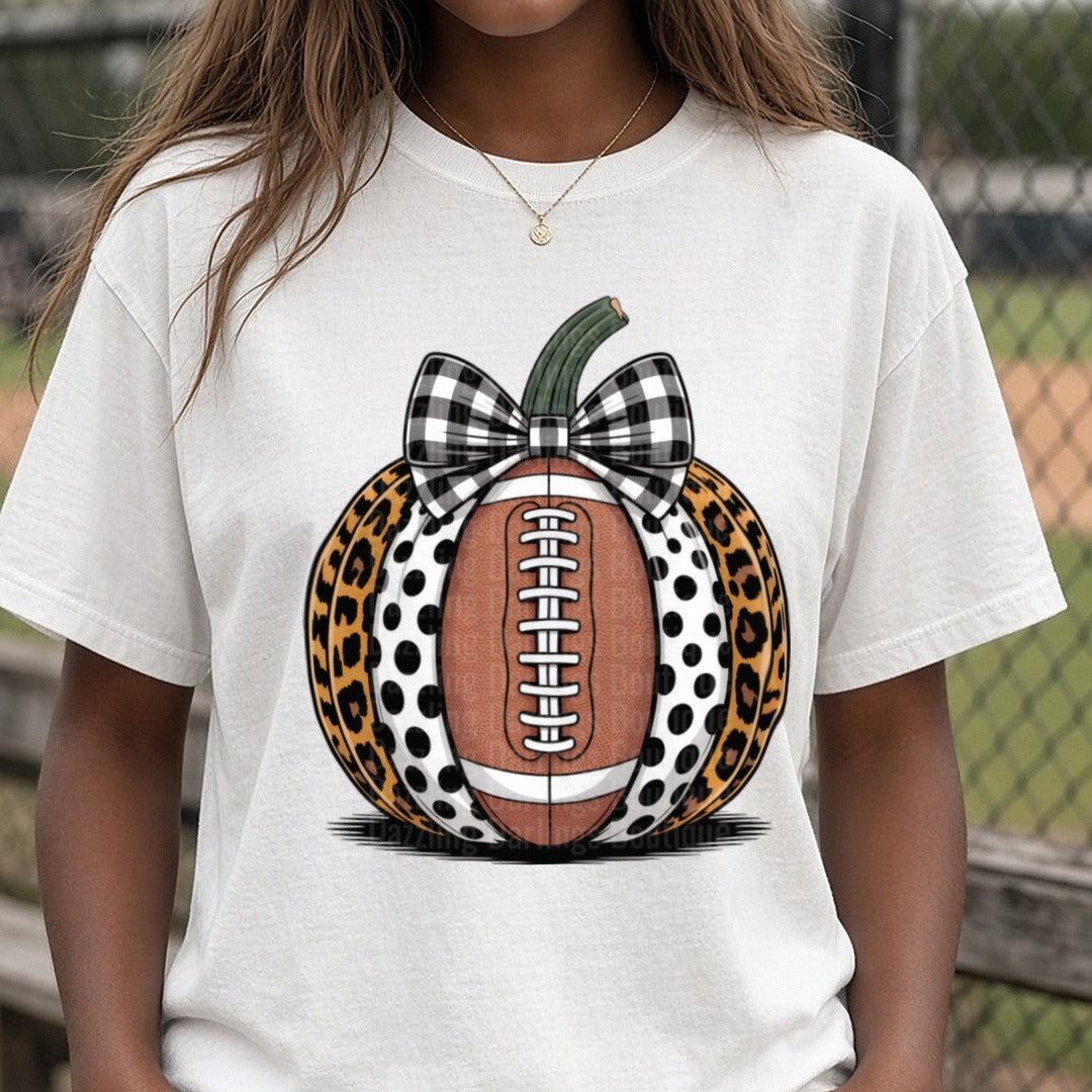 Leopard Football Pumpkin DTF transfer shown on a Comfort Colors tee
