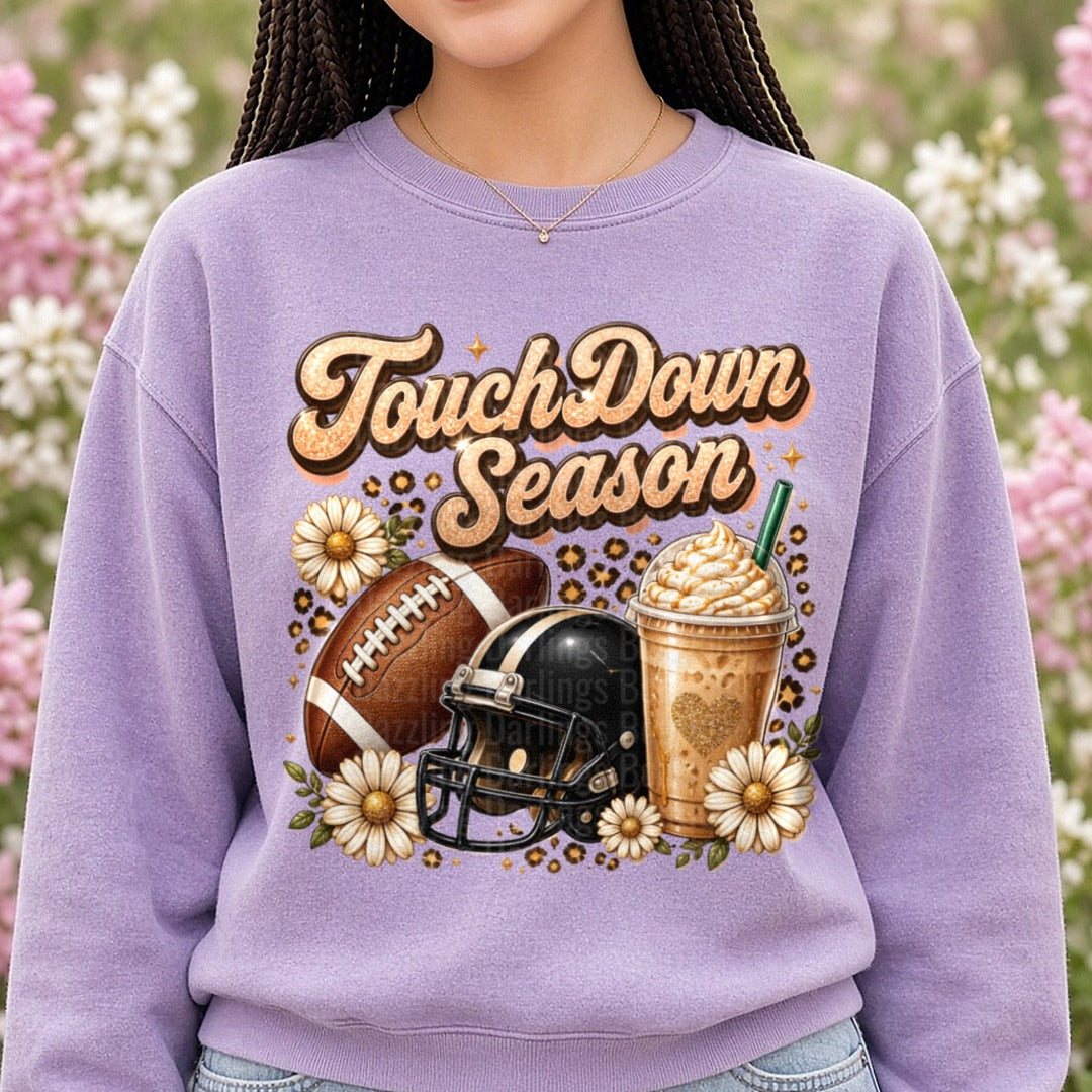 Touchdown Season Flowers DTF transfer shown on a Comfort Colors sweatshirt