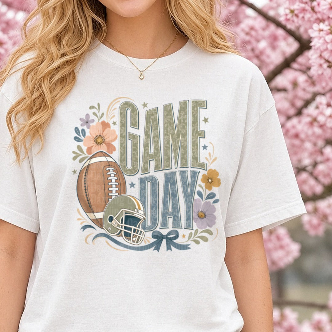 Floral Game Day DTF transfer shown on a Comfort Colors tee