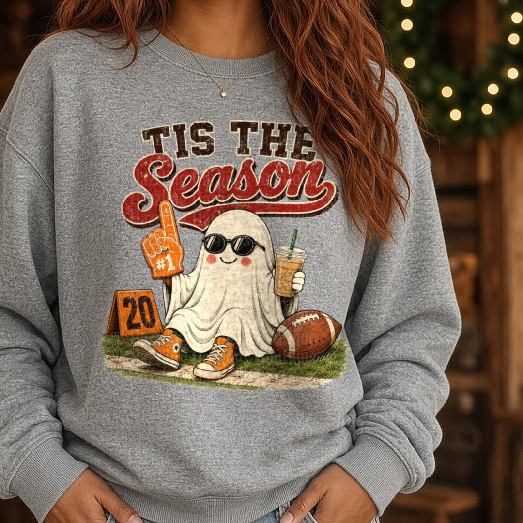 Tis The Season Ghost DTF transfer shown on a Comfort Colors sweatshirt