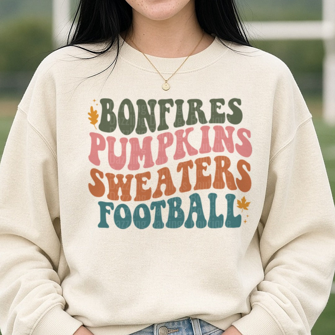 Bonfires, Pumpkins, Sweaters, Football DTF transfer shown on a Comfort Colors sweatshirt