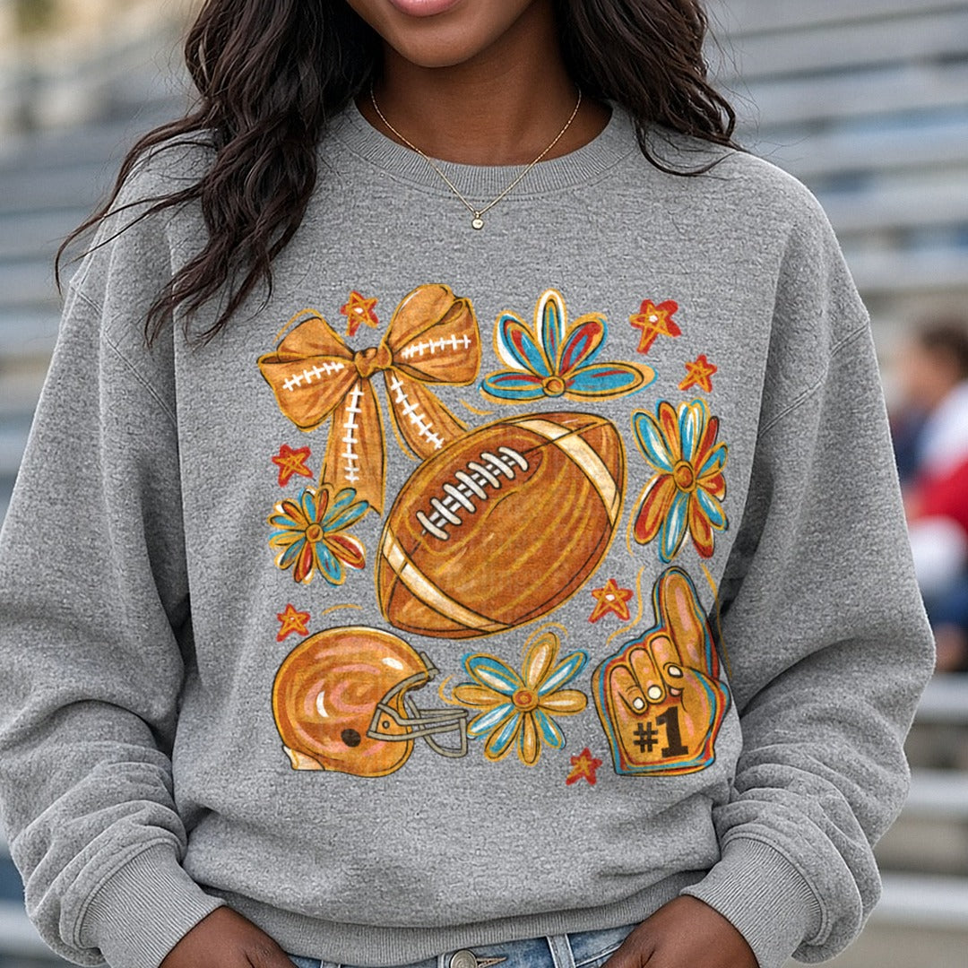 Colorful Football Basics DTF transfer shown on a Comfort Colors sweatshirt