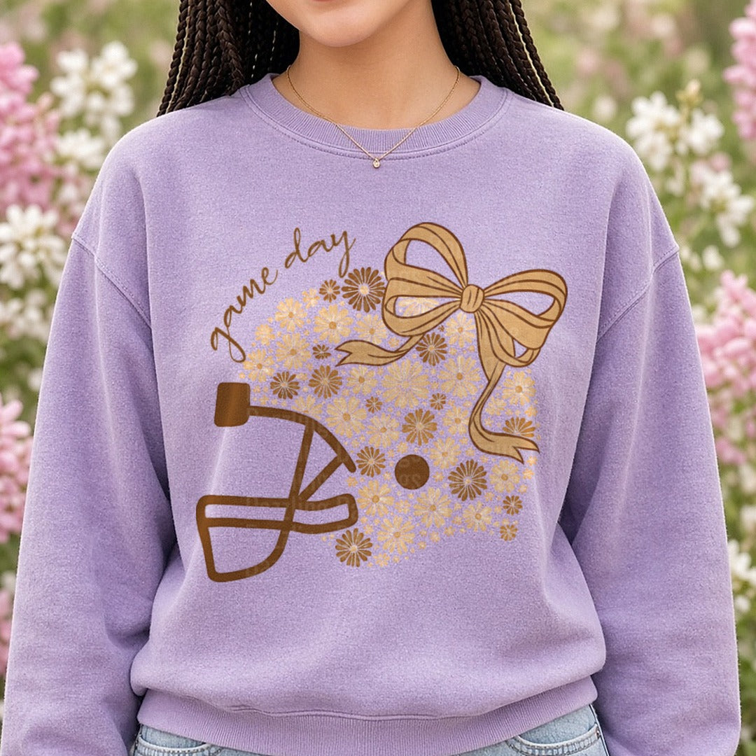 Game Day Floral Helmet DTF transfer shown on a Comfort Colors sweatshirt