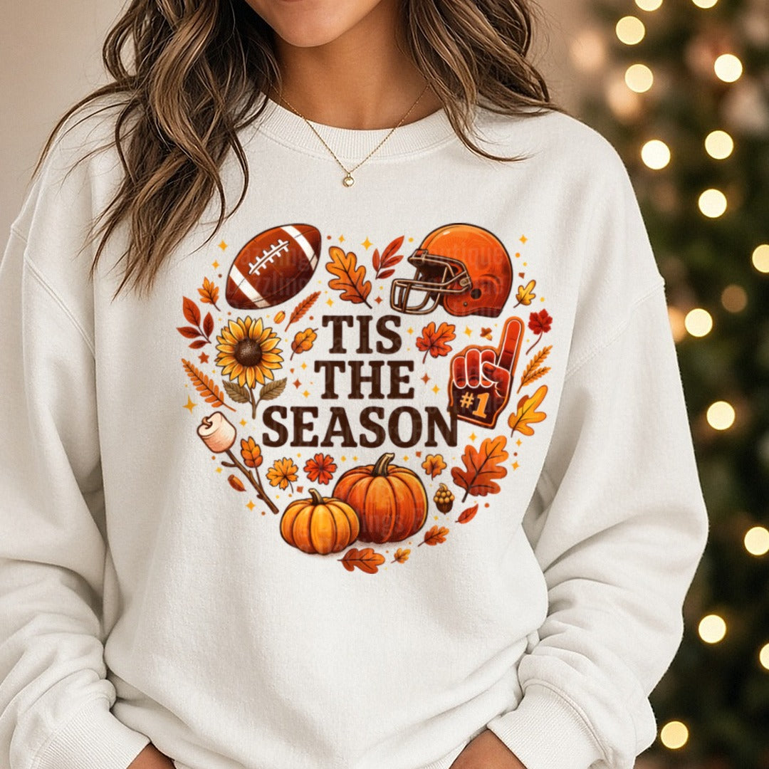 Tis The Season Heart DTF transfer shown on a Comfort Colors sweatshirt