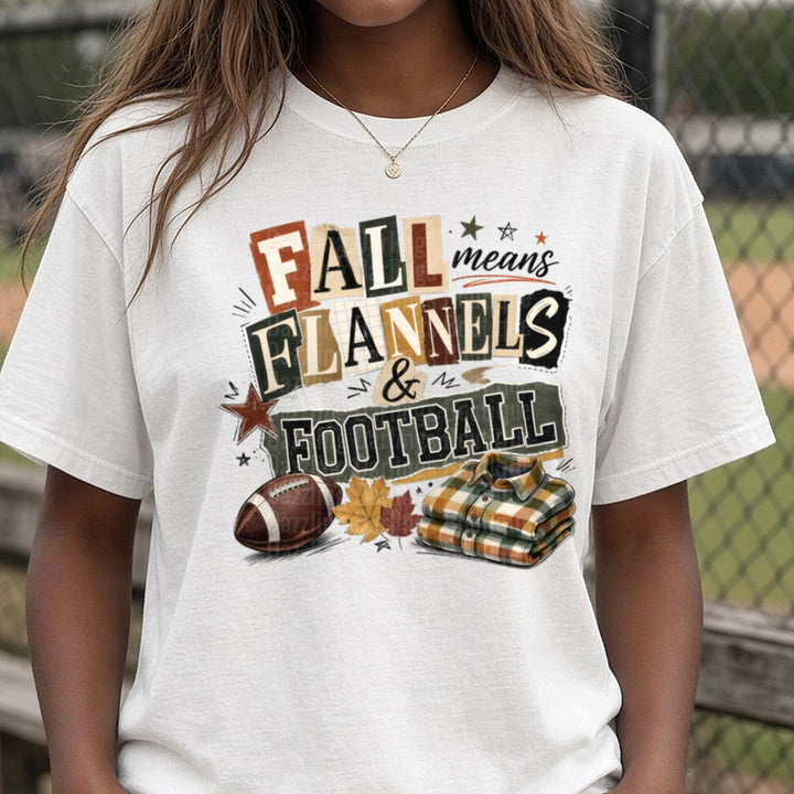 Fall Means Flannels and Football DTF transfer shown on a Comfort Colors tee
