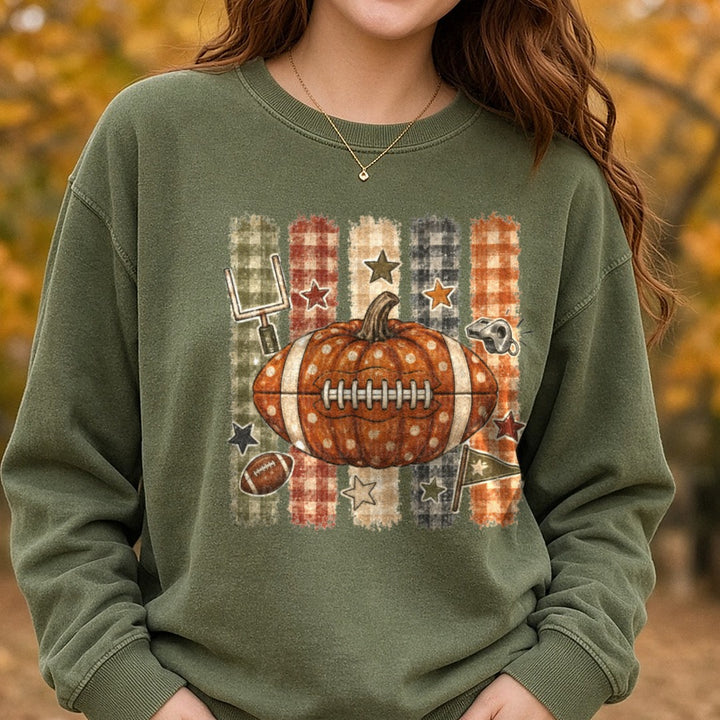 Striped Polka Dot Pumpkin DTF transfer shown on a Comfort Colors sweatshirt