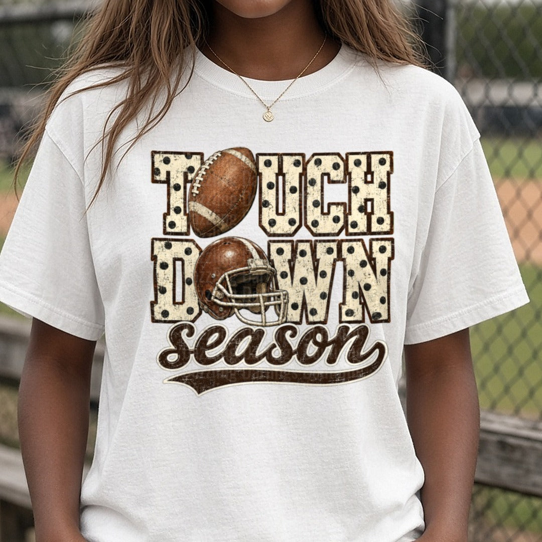 Polka Dot Touchdown Season DTF transfer shown on a Comfort Colors tee