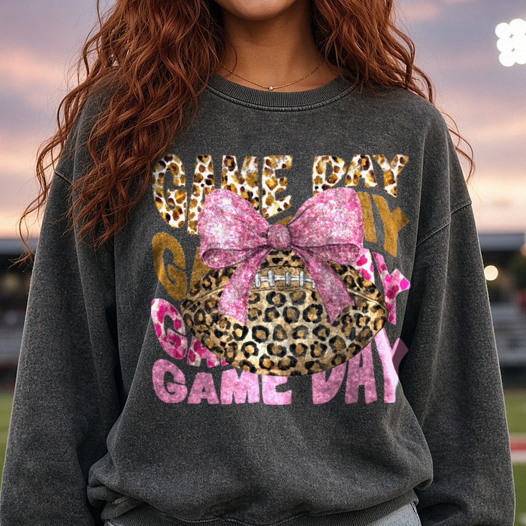 Pink Game Day Leopard Print DTF transfer shown on a Comfort Colors sweatshirt