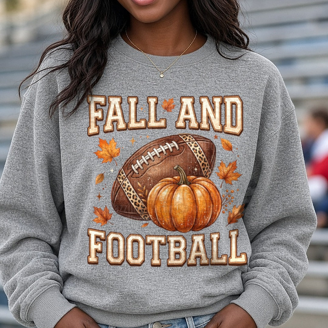 Fall and Football DTF transfer shown on a Comfort Colors sweatshirt