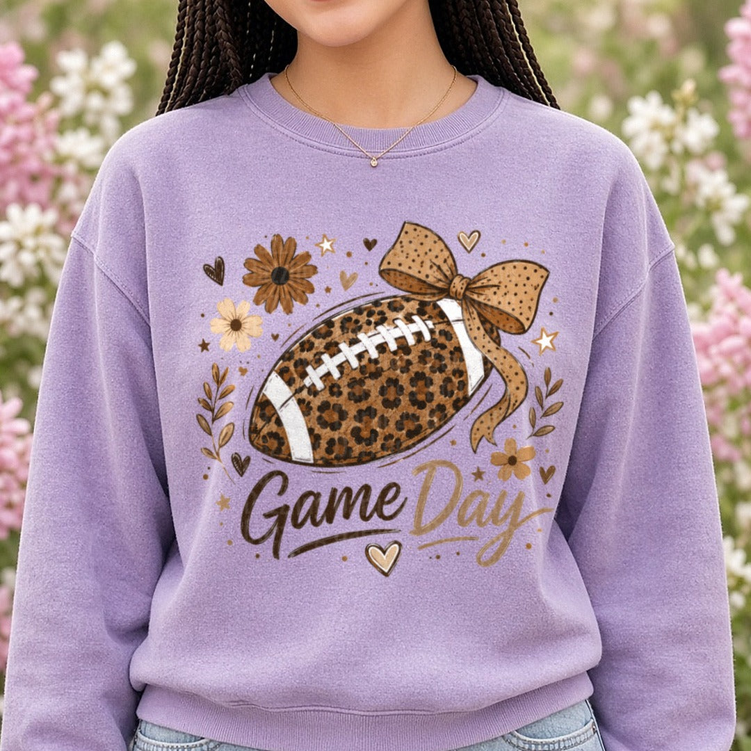 Floral and Leopard Football DTF transfer shown on a Comfort Colors sweatshirt