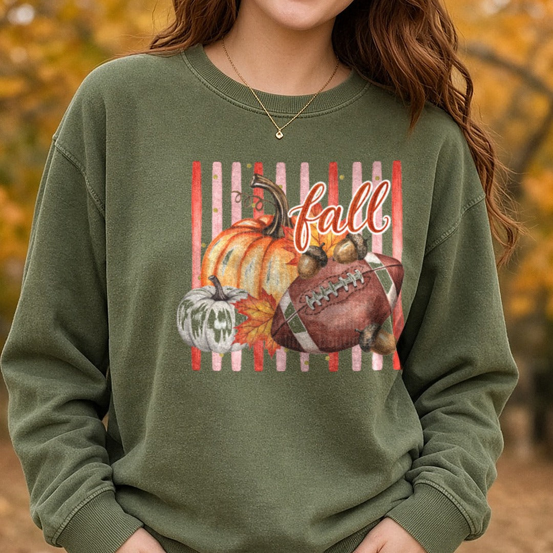 Striped Fall DTF transfer shown on a Comfort Colors sweatshirt
