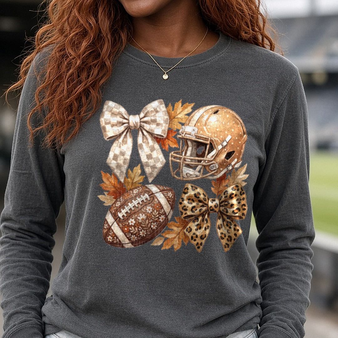 Autumn Coquette Football DTF transfer shown on a Comfort Colors long sleeve tee