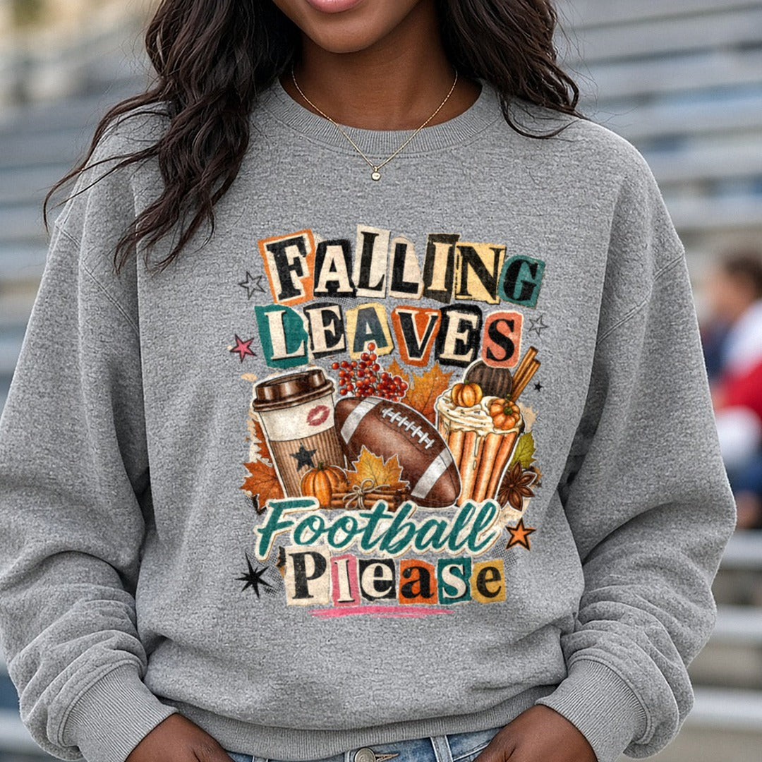 Falling Leaves Football Please DTF transfer shown on a Comfort Colors sweatshirt