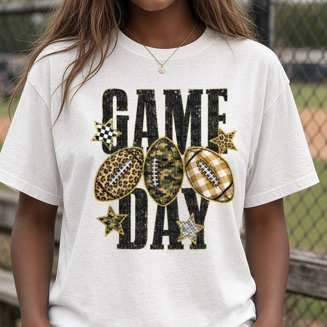 Game Day Camo, Leopard, Gingham DTF transfer shown on a Comfort Colors tee
