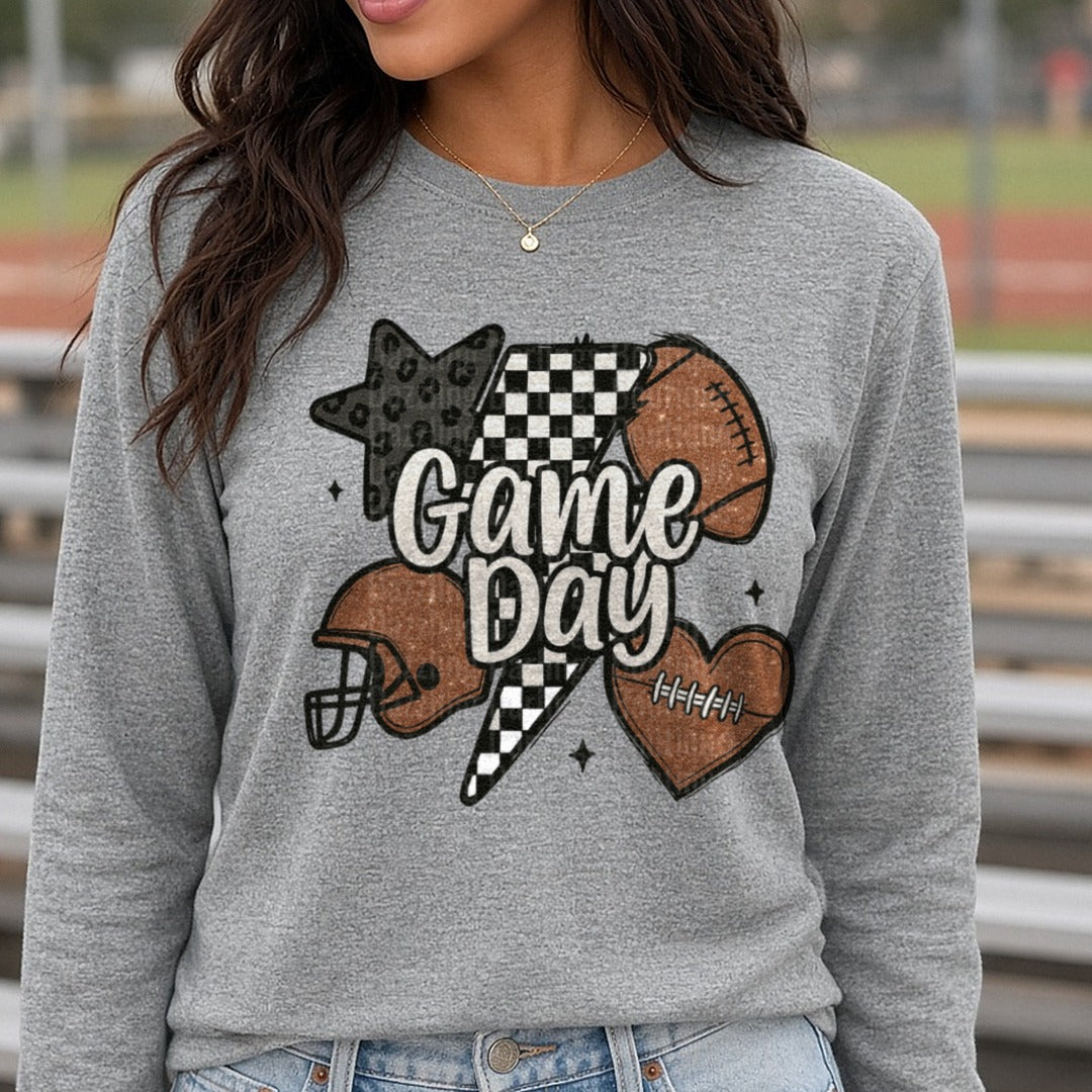 Game Day Checkered Bolt DTF transfer shown on a Comfort Colors long sleeve tee
