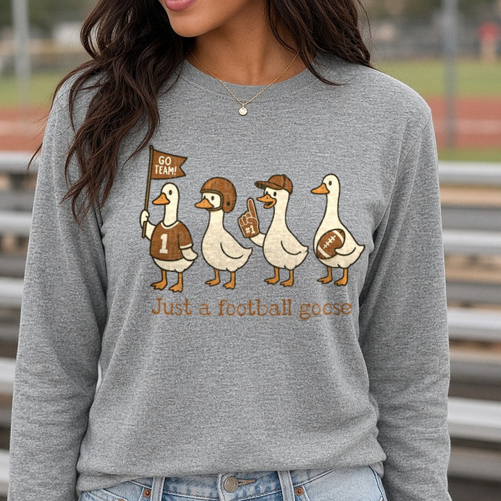 Just A Football Goose DTF transfer shown on a Comfort Colors long sleeve tee