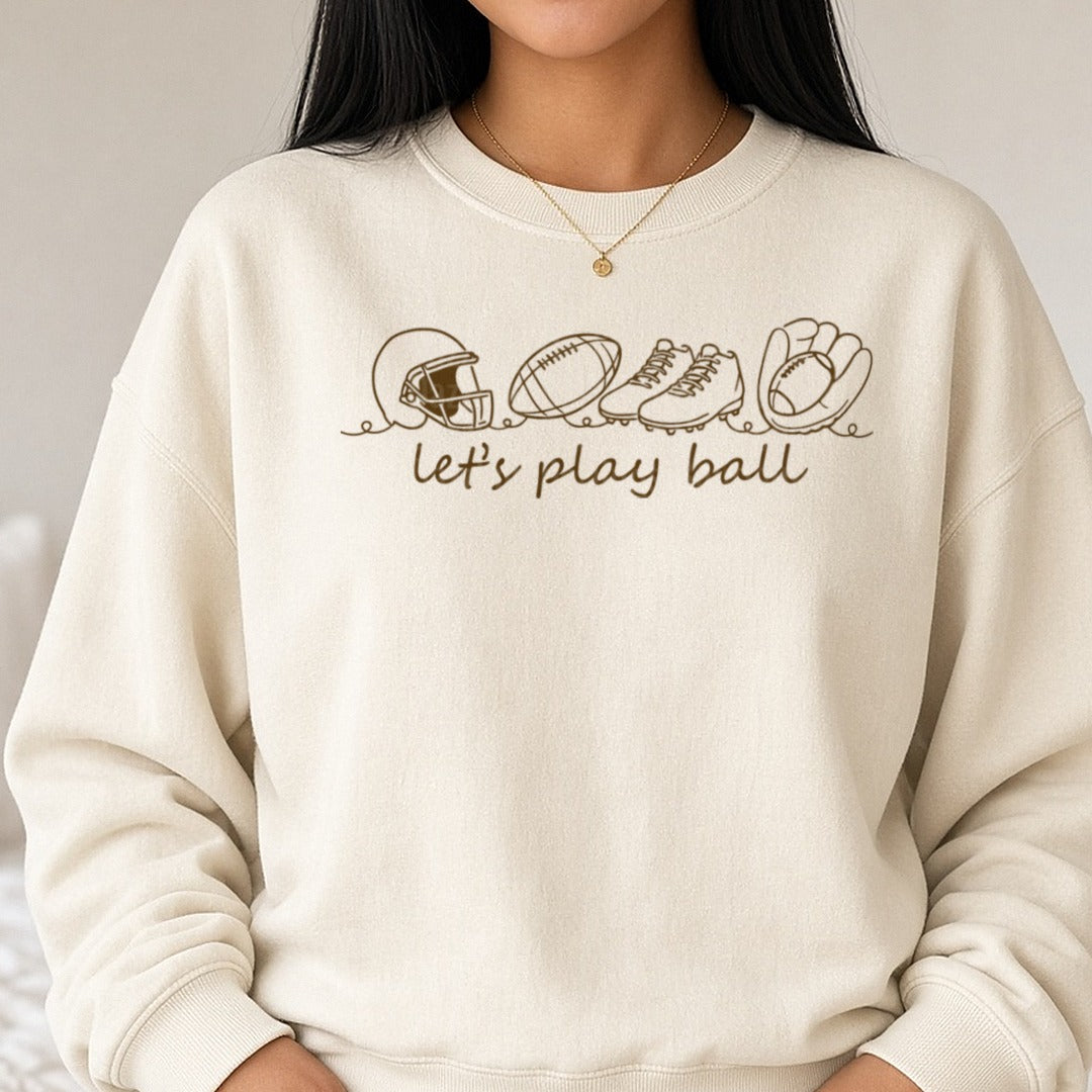 Let's Play Ball DTF transfer shown on a Comfort Colors sweatshirt