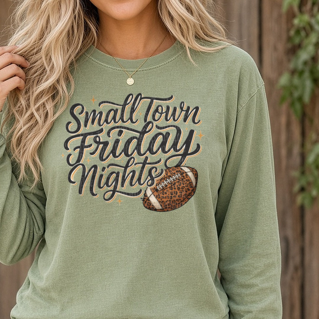 Small Town Friday N Ights DTF transfer shown on a Comfort Colors long sleeve tee