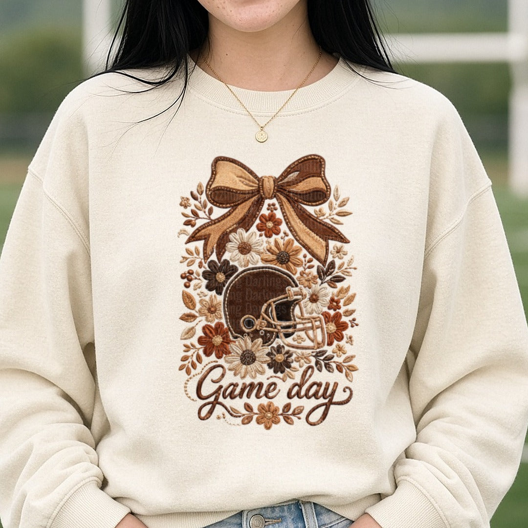 Embroidered Game Day DTF transfer shown on a Comfort Colors sweatshirt