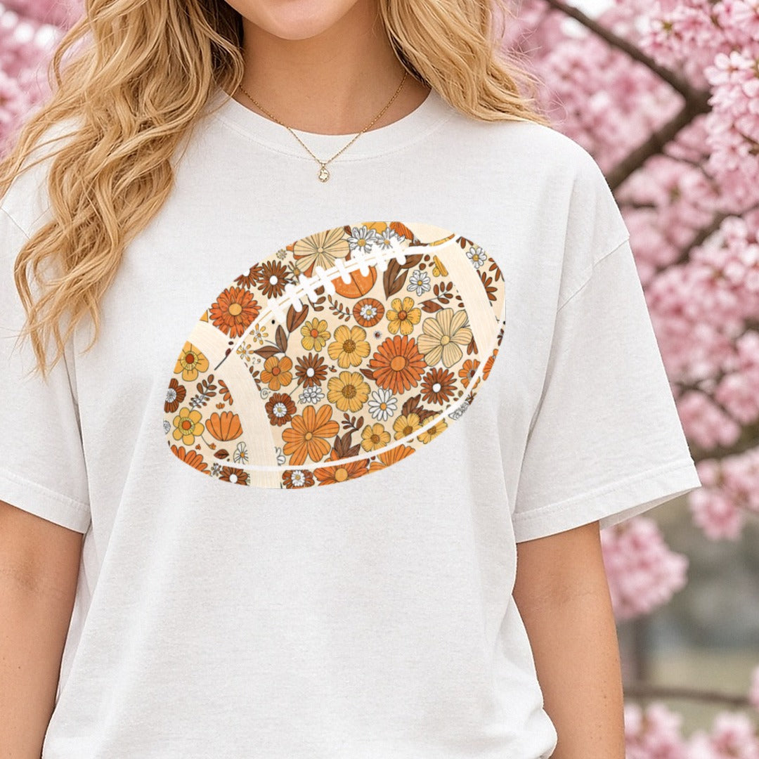 Retro Floral Football DTF transfer shown on a Comfort Colors tee
