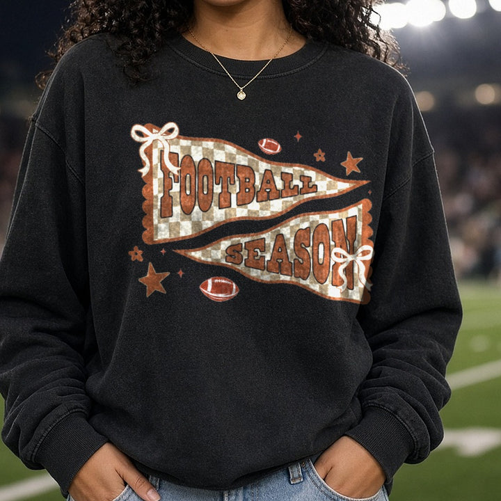 Pennant Football Season DTF transfer shown on a Comfort Colors sweatshirt