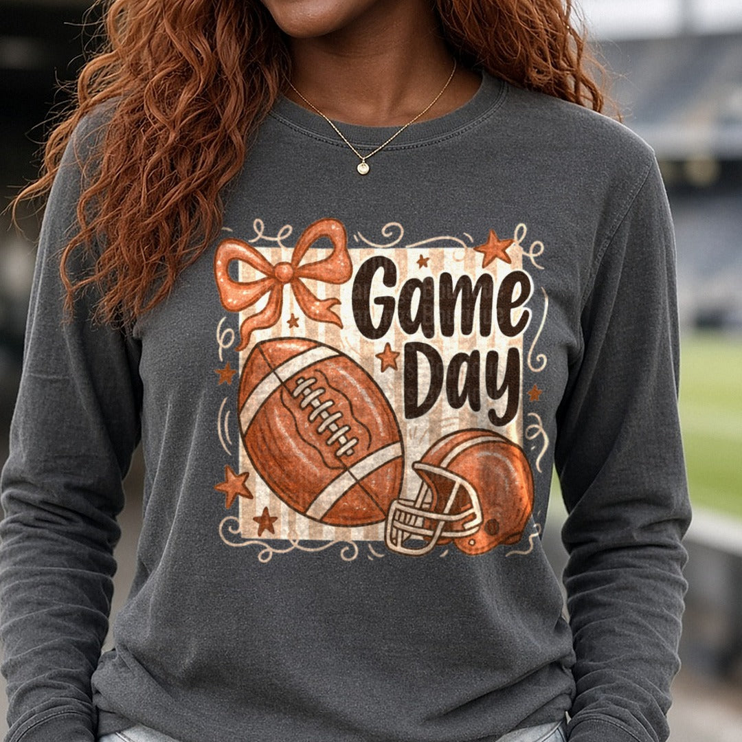 Striped Game Day Football DTF transfer shown on a Comfort Colors long sleeve tee