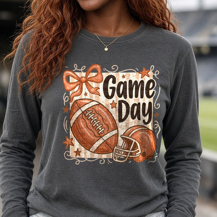 Striped Game Day Football DTF transfer shown on a Comfort Colors long sleeve tee