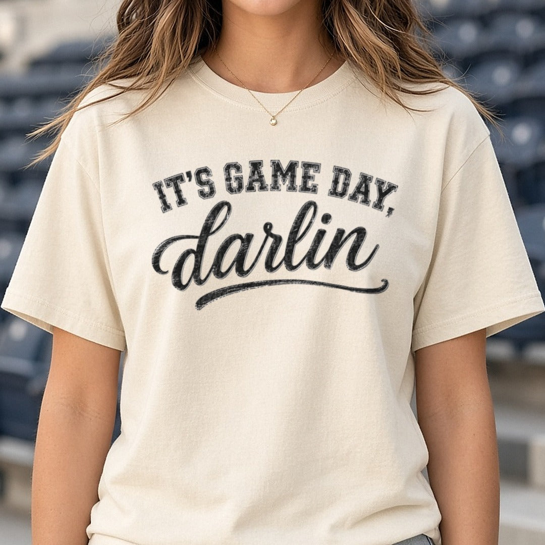 It's Game Day Darlin DTF transfer shown on a Comfort Colors tee