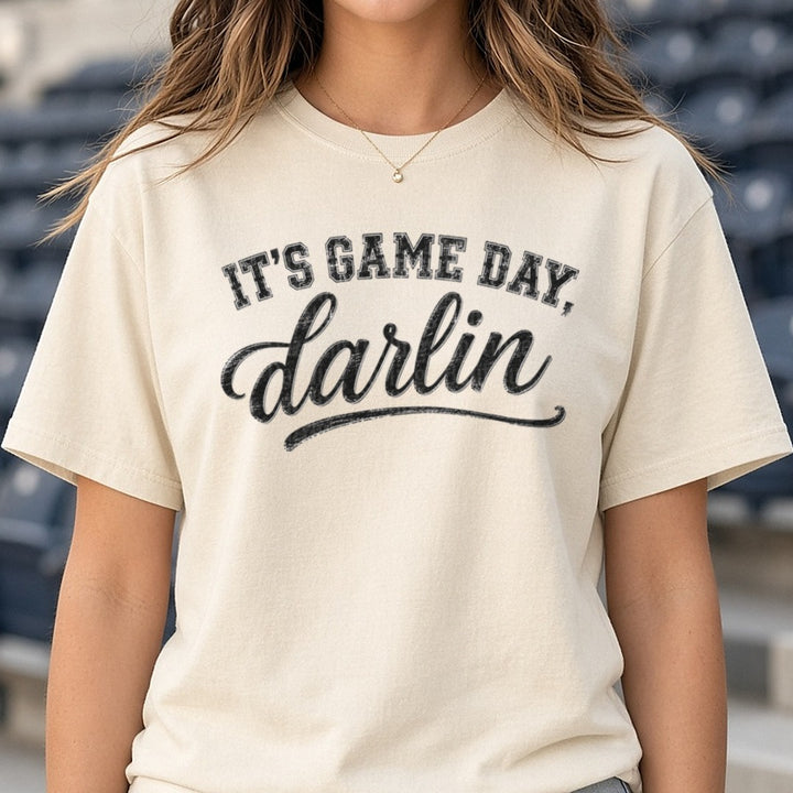It's Game Day Darlin DTF transfer shown on a Comfort Colors tee