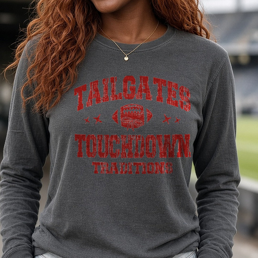 Tailgates Touchdown Traditions DTF transfer shown on a Comfort Colors long sleeve tee