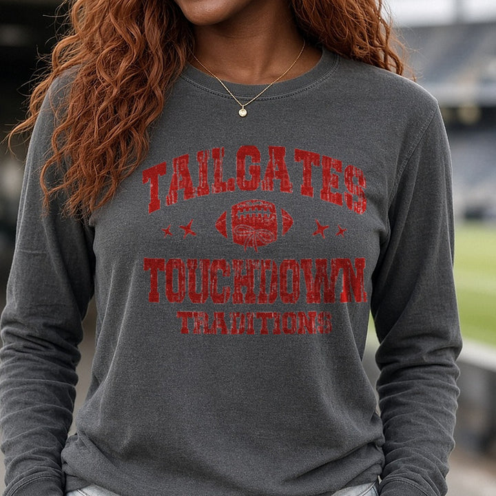 Tailgates Touchdown Traditions DTF transfer shown on a Comfort Colors long sleeve tee