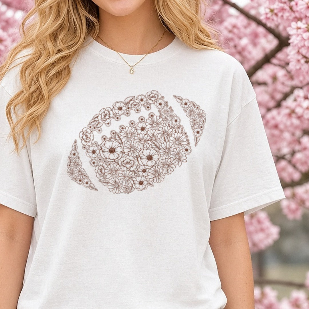 Floral Football DTF transfer shown on a Comfort Colors tee
