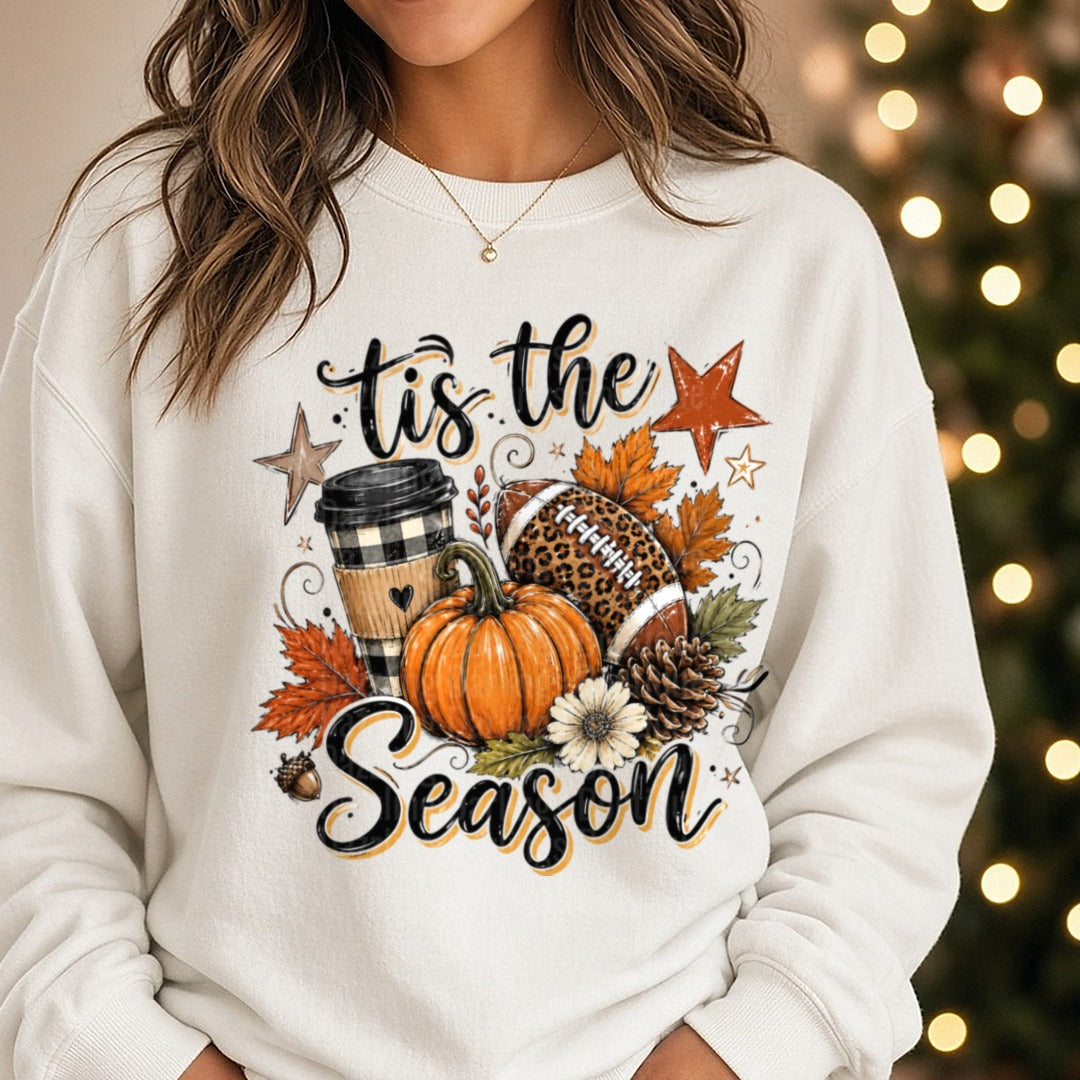 Tis the Season Leopard Football DTF transfer shown on a Comfort Colors sweatshirt