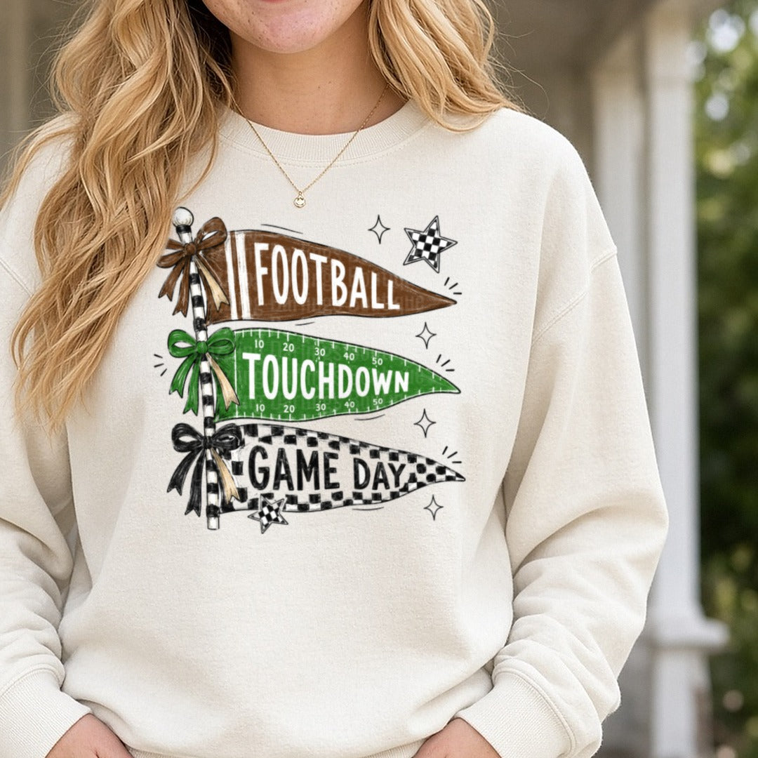 Football Touchdown Game Day Flag DTF transfer shown on a Comfort Colors sweatshirt
