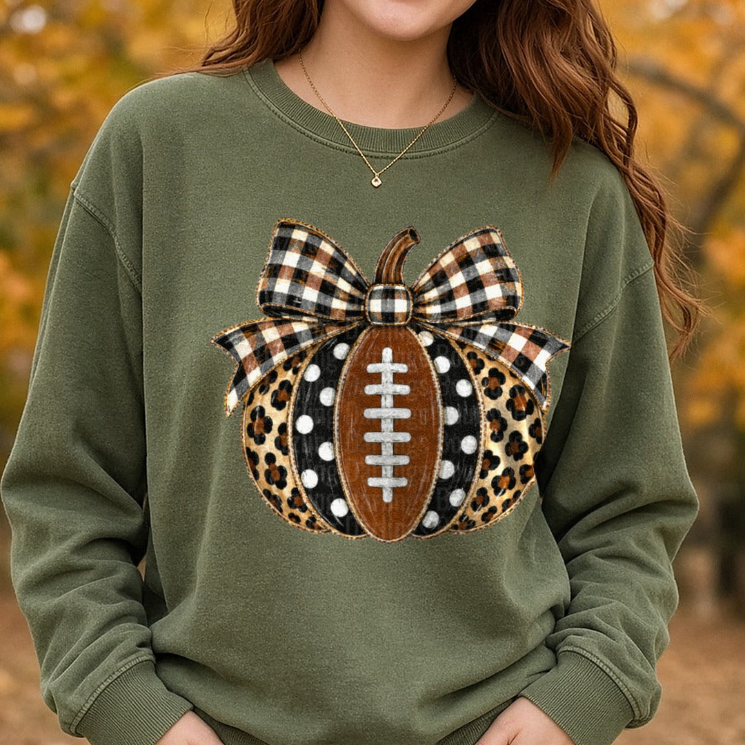 Leopard Polka Dot Pumpkin DTF transfer shown on a Comfort Colors sweatshirt