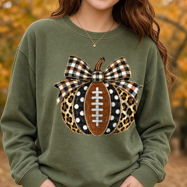 Leopard Polka Dot Pumpkin DTF transfer shown on a Comfort Colors sweatshirt