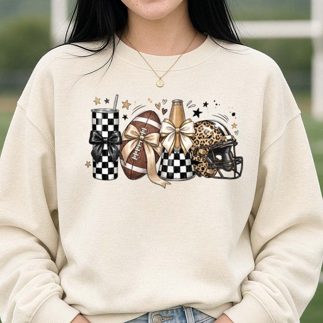 Checkered and Leopard Football Basics DTF transfer shown on a Comfort Colors sweatshirt