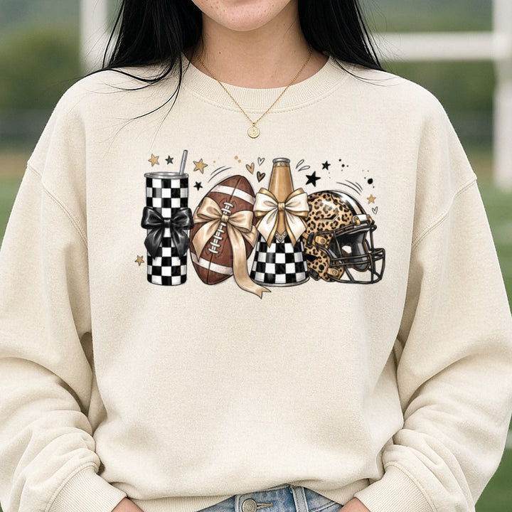 Checkered and Leopard Football Basics DTF transfer shown on a Comfort Colors sweatshirt