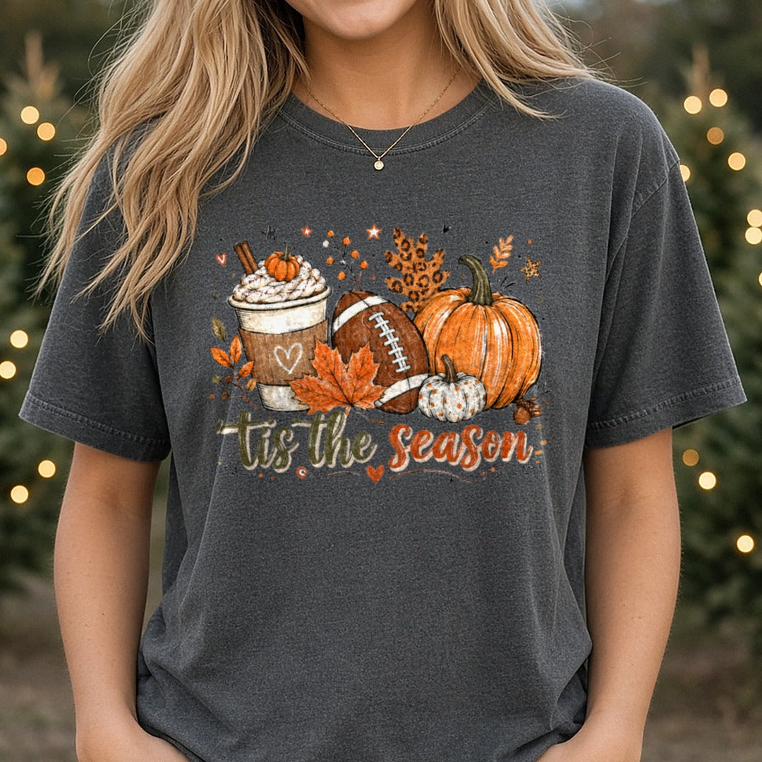 Tis The Season Football Pumpkins Latte Leopard Script DTF transfer shown on a Comfort Colors tee