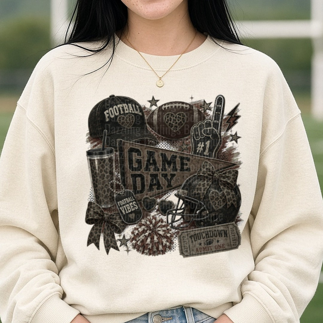 Game Day Dark Leopard DTF transfer shown on a Comfort Colors sweatshirt