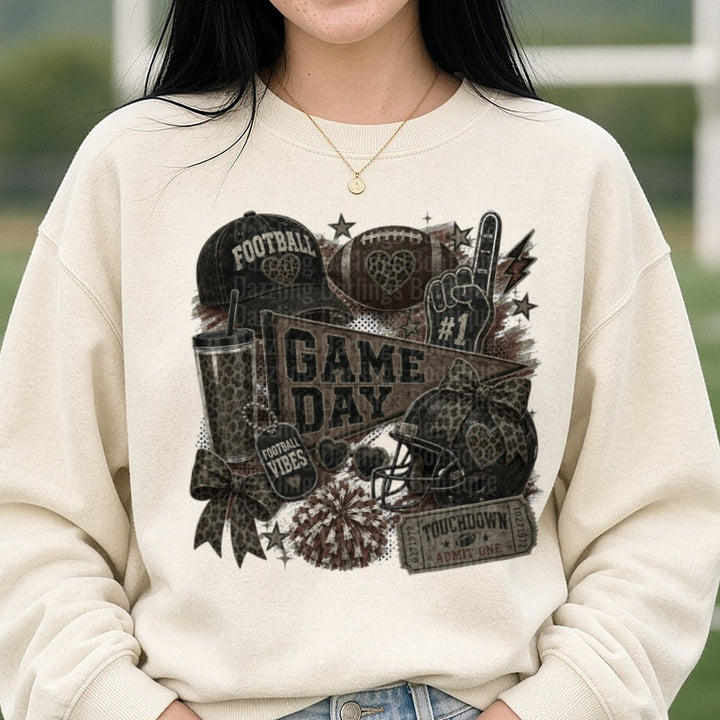 Game Day Dark Leopard DTF transfer shown on a Comfort Colors sweatshirt
