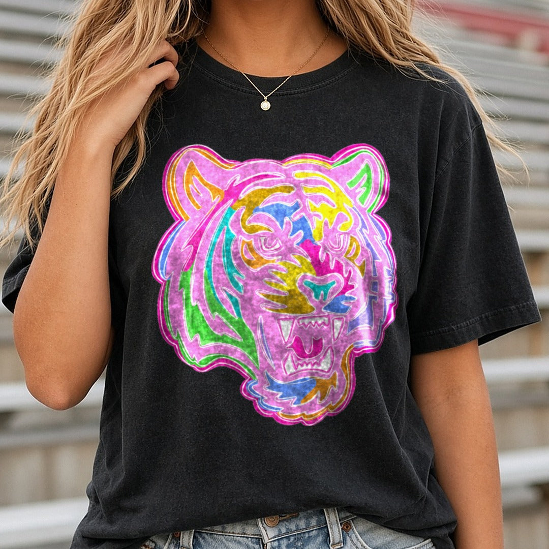 Neon Rainbow Roaring Tiger Head Pink Psychedelic Pop Art DTF transfer shown on a Comfort Colors tee
