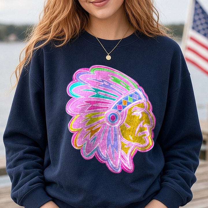 Neon Colorful Native American Chief Side Profile Headdress DTF transfer shown on a Comfort Colors sweatshirt