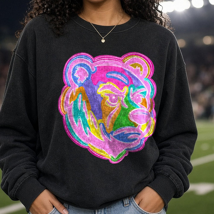 Neon Rainbow Abstract Bear Face Bold Colorful Line Art DTF transfer shown on a Comfort Colors sweatshirt