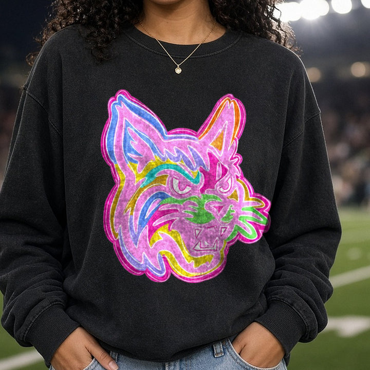 Neon Rainbow Psychedelic Angry Cat Head Colorful Brushstroke DTF transfer shown on a Comfort Colors sweatshirt