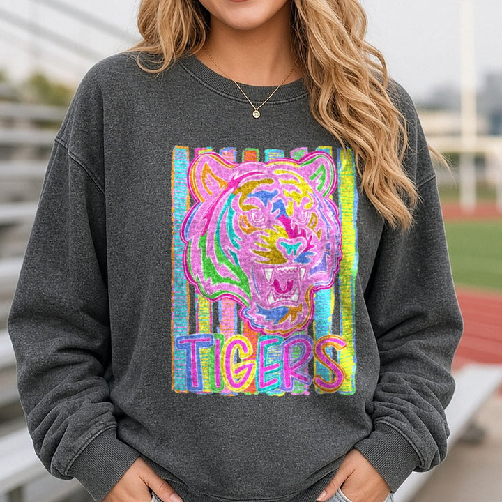 Neon Retro Tigers Mascot Roaring Rainbow Stripe DTF transfer shown on a Comfort Colors sweatshirt