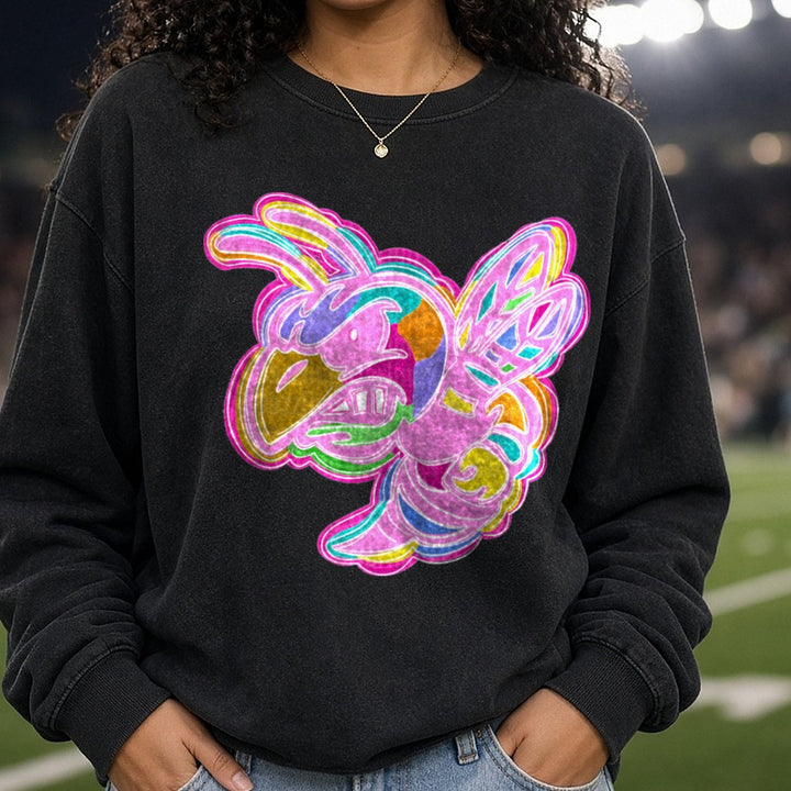 Vibrant Neon Rainbow Beedrill Pokemon Colorful Art Design DTF transfer shown on a Comfort Colors sweatshirt