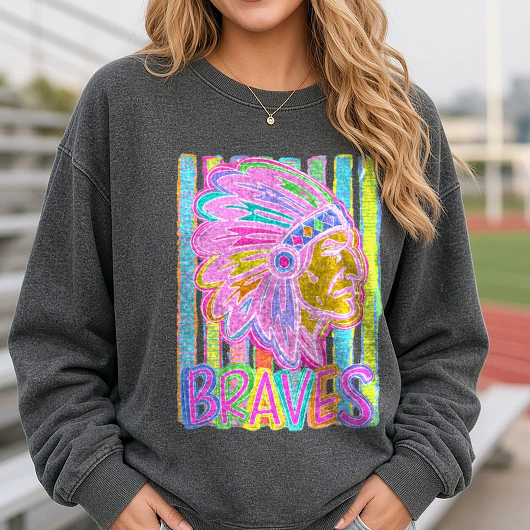 Braves Native Chief Headdress Colorful Neon Stripe Mascot DTF transfer shown on a Comfort Colors sweatshirt